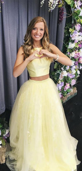Newest Two Pieces Lace Prom Dresses, Tulle Prom Dresses, 2020 Long Prom Dresses