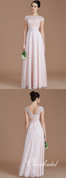 Cap Sleeves A-line Lace Chiffon Beaded Long Bridesmaid Dresses