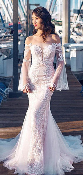 Off Shoulder Long Sleeves Bridal Gowns, Popular Mermaid Lace Wedding Dresses