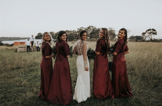 V-neck Boho Half Sleeves Burgundy Elastic Satin Bridesmaid Dresses, Lo ClaireBridal V-neck Boho Half Sleeves Burgundy Elastic Satin Bridesmaid Dresses, Lo ClaireBridal