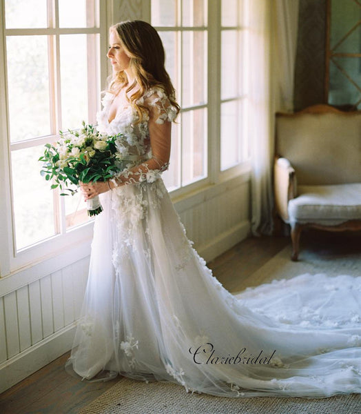 Long Sleeves A-line Wedding Dresses, Graceful Appliques Fashion Wedding Dresses