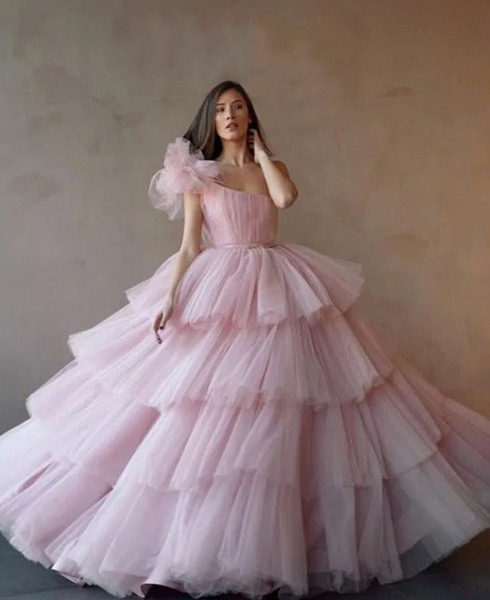 One Shoulder Pink Layers Tulle Prom Dresses, Ball Gown Prom Dresses, 2021 Prom Dresses, Popular Prom Dresses