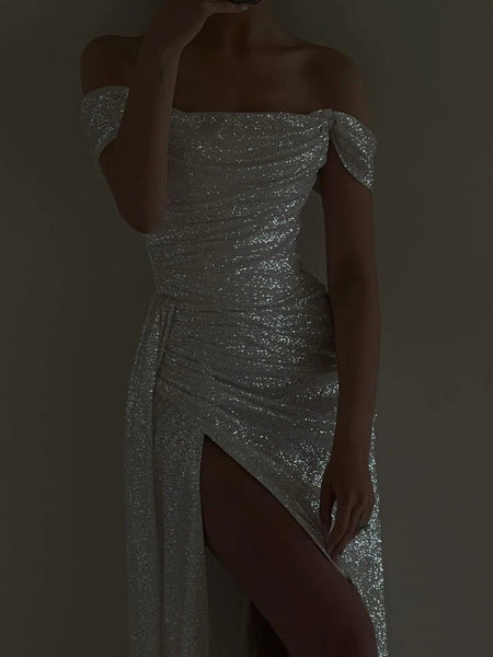 Off Shoulder Ivory Sequin Tulle Shiny Wedding Dresses, Sheath Wedding Dresses, Popular Wedding Dresses, Bridal Gown