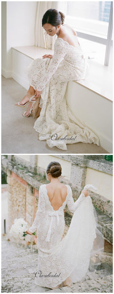 Long Sleeves Lace Wedding Dresses, Deep V-neck Wedding Dresses