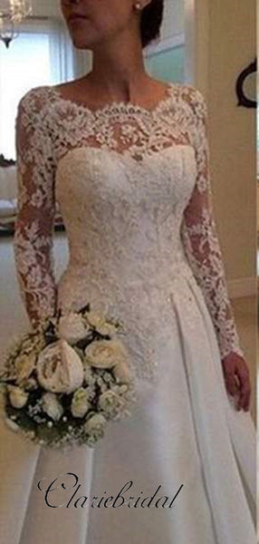Long Sleeves Lace Wedding Dresses, A-line Satin Wedding Dresses
