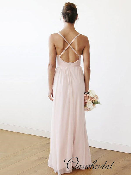 V-neck Blush Pink Chiffon Long Bridesmaid Dresses