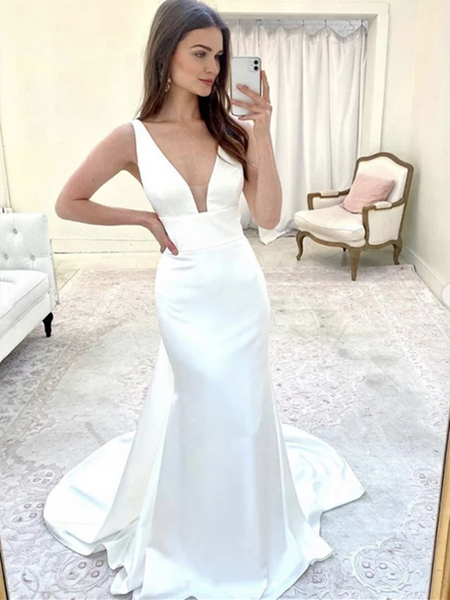 Simple Popular Design Wedding Dresses, V-neck Mermaid Satin Wedding Dresses