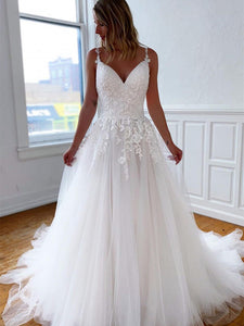 Spaghetti Lace Tulle A-line Wedding Dresses, Ivory Popular Bridal Gown, Wedding Dresses