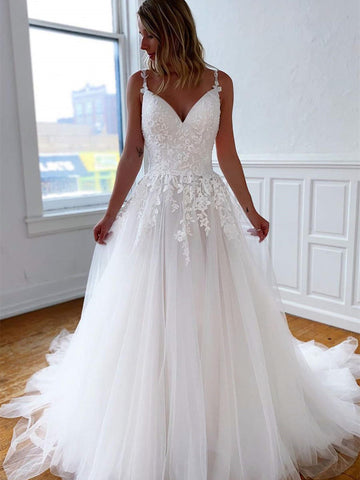Spaghetti Lace Tulle A-line Wedding Dresses, Ivory Popular Bridal Gown, Wedding Dresses