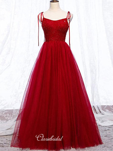 Red Color Tulle Prom Dresses, Beaded A-line Prom Dresses, Popular Newest Prom Dresses
