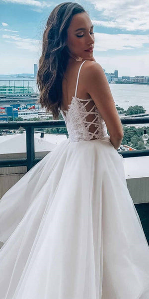 Spaghetti Long Ivory Organza Lace Prom Dresses, Popular 2021 Prom Dresses, Quinceanera Dresses