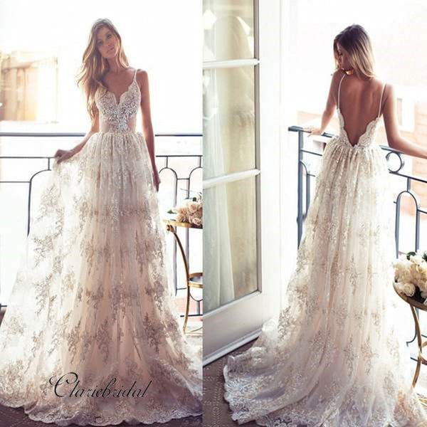 Spaghetti V-back Sexy Lace Bridal Gown, A-line Long Wedding Dresses