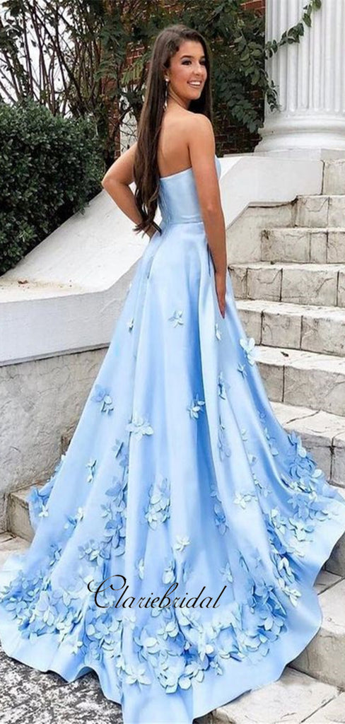 prom dress elegant Modest Blue Appliques Long Prom Dresses, Elegant Strapless Prom Dresse – ClaireBridal