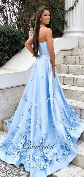 Modest Blue Appliques Long Prom Dresses, Elegant Strapless Prom Dresses