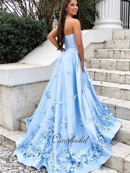 Modest Blue Appliques Long Prom Dresses, Elegant Strapless Prom Dresses