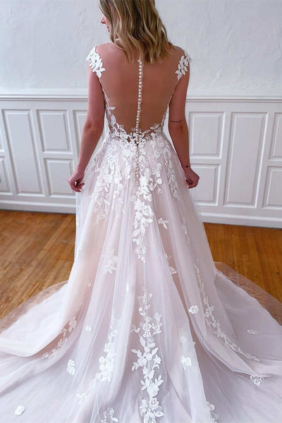 Off The Shoulder Blush Pink Lace Tulle Wedding Dresses, Long Bridal Gown, 2021 Wedding Dresses