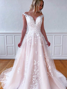 Off The Shoulder Blush Pink Lace Tulle Wedding Dresses, Long Bridal Gown, 2021 Wedding Dresses