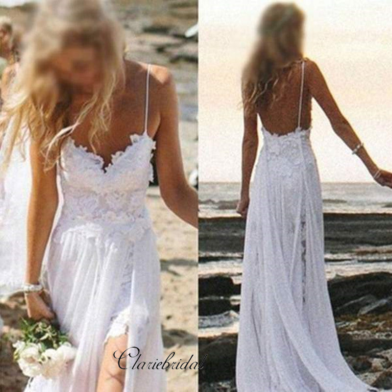 Spaghetti White Lace Side Slit Wedding Dresses,Simple Wedding Dresses