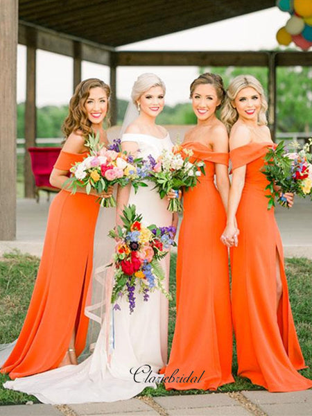 Orange Off The Shoulder Bridesmaid Dresses, Slit Bridesmaid Dresses