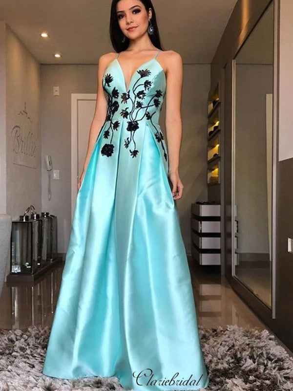 V-neck A-line Prom Dresses, Spaghetti Staps Long Prom Dresses