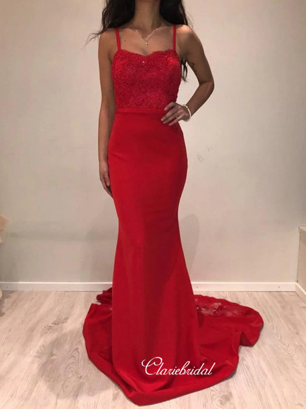 Red Lace School Party Prom Dresses, Popular Mermaid Long Prom Dresses