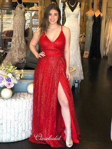 High Slit Sequins Long Prom Dresses, Simple Prom Dresses, 2020 Prom Dresses