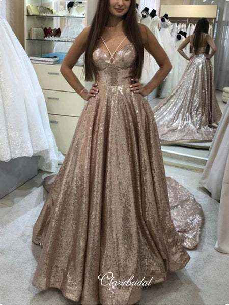 Sequins A-line Prom Dresses Long, Cross Straps Prom Dresses, Prom Dresses