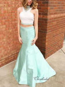 Two Pieces Mermaid Long Prom Dresses, Sleeveless Beaded Prom Dresses