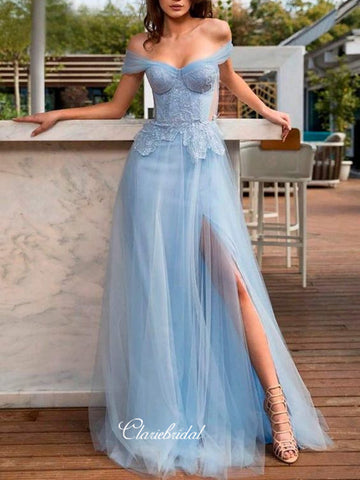A-line Tulle Elegant Prom Dresses, Off Shoulder Long Prom Dresses, Blue Prom Dresses
