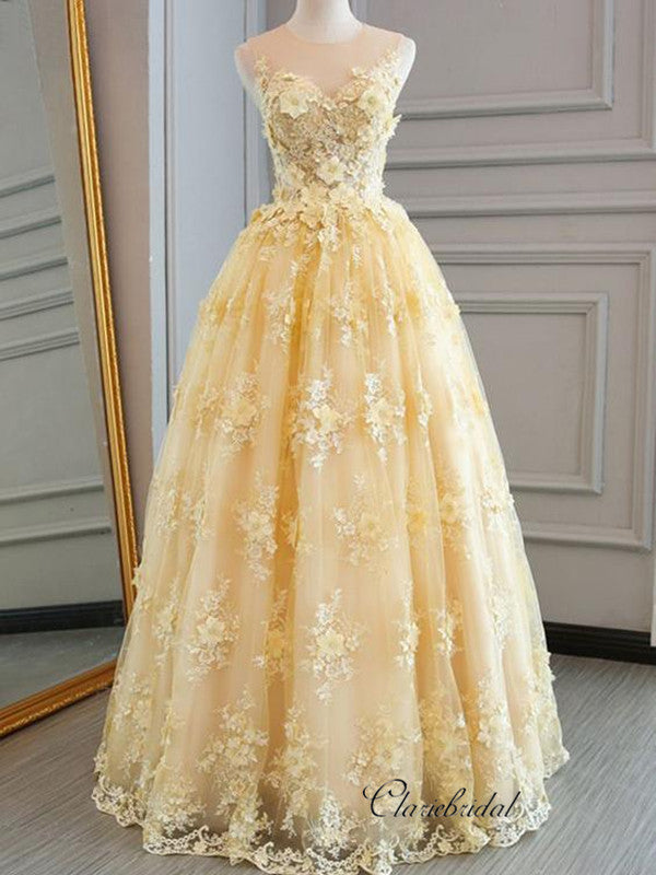 Sleeveless Tulle Lace Long Prom Dresses, Elegant Appliques Prom Dresses