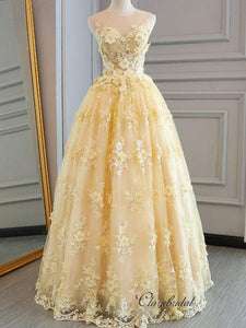 Sleeveless Tulle Lace Long Prom Dresses, Elegant Appliques Prom Dresses