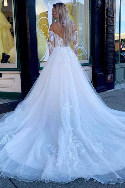 Off The Shoulder Long Sleeves Lace Tulle Wedding Dresses, Elegant Long Bridal Gown