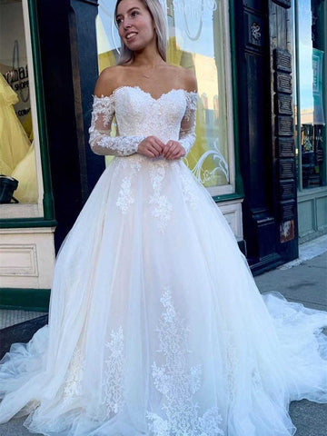 Off The Shoulder Long Sleeves Lace Tulle Wedding Dresses, Elegant Long Bridal Gown