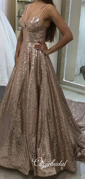 Sequins A-line Prom Dresses Long, Cross Straps Prom Dresses, Prom Dresses