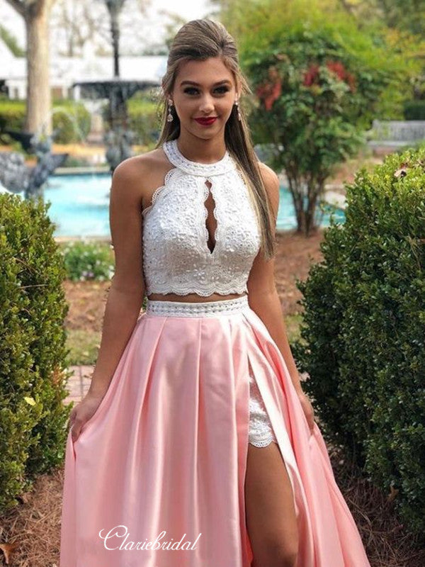 Halter Two Pieces Prom Dresses Long, Lace High Slit Prom Dresses