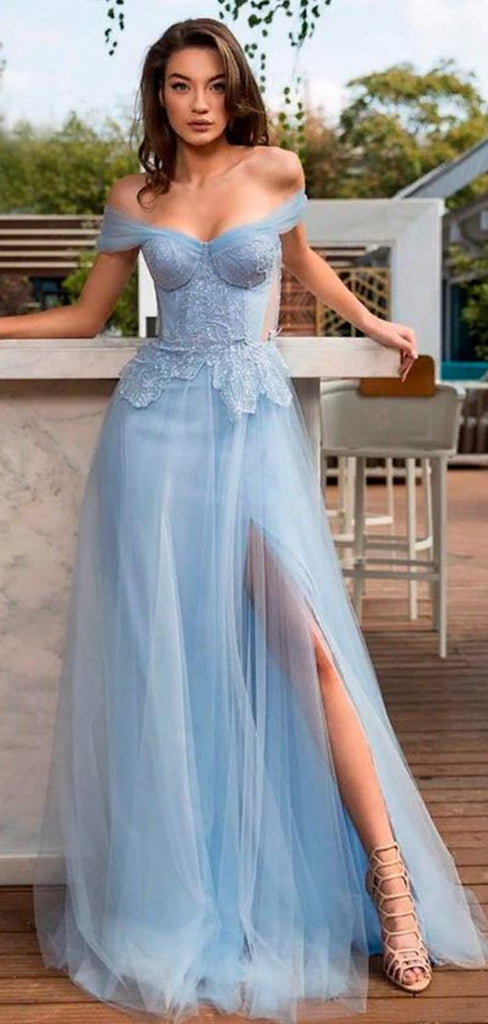 A-line Tulle Elegant Prom Dresses, Off Shoulder Long Prom Dresses, Blu ClaireBridal A-line Tulle Elegant Prom Dresses, Off Shoulder Long Prom Dresses, Blu ClaireBridal