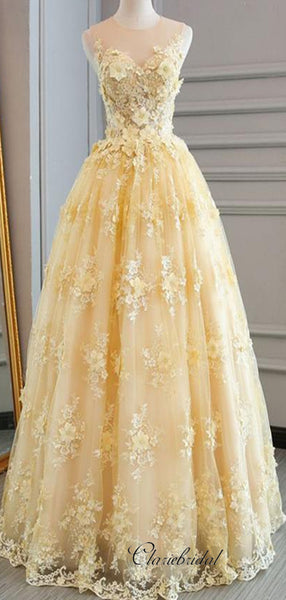 Sleeveless Tulle Lace Long Prom Dresses, Elegant Appliques Prom Dresses
