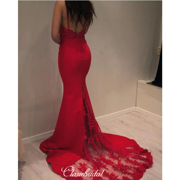 Red Lace School Party Prom Dresses, Popular Mermaid Long Prom Dresses