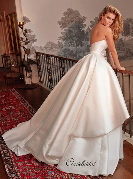 Strapless A-line Satin Wedding Dresses, Elegant Unique Wedding Dresses