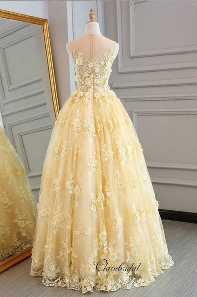 Sleeveless Tulle Lace Long Prom Dresses, Elegant Appliques Prom Dresses