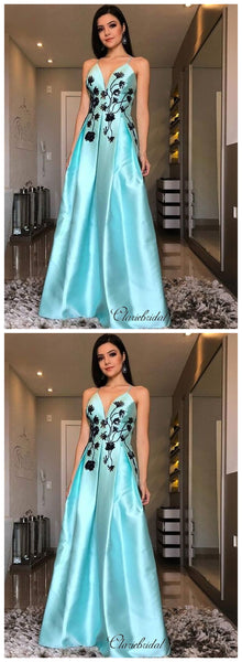 V-neck A-line Prom Dresses, Spaghetti Staps Long Prom Dresses