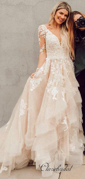 V-neck Lace Long Wedding Dresses, Long Sleeves A-line Wedding Dresses