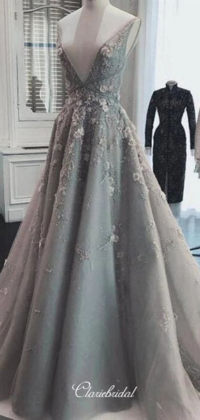 Modest V-neck Appliques Prom Dresses, Lace A-line Party Prom Dresses 2020