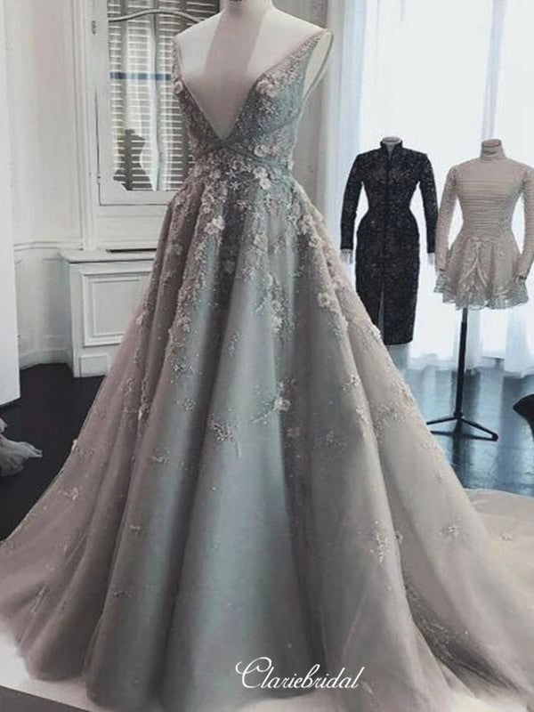 Modest V-neck Appliques Prom Dresses, Lace A-line Party Prom Dresses 2020