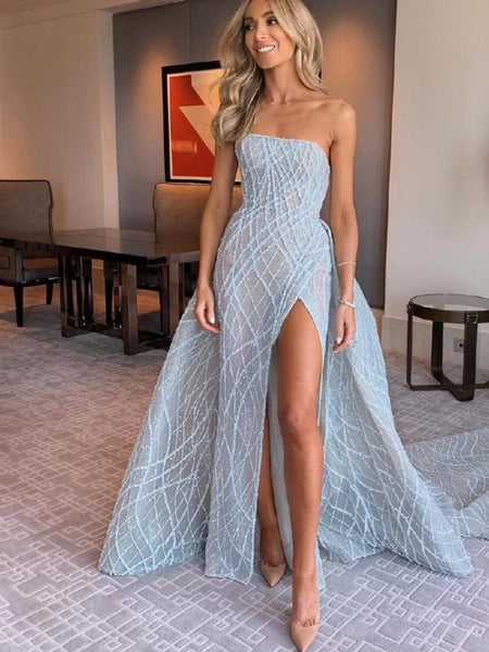 Luxury Strapless Long Prom Dresses, Unique Prom Dresses, Slit 2020 Newest Prom Dresses
