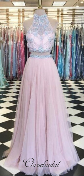 High Neck Halter Two Pieces Beaded Prom Dresses, A-line Tulle Prom Dresses