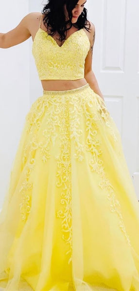 Two Pieces Lace Prom Dresses, Newest Yellow Prom Dresses, Beaded Long Prom Dresses
