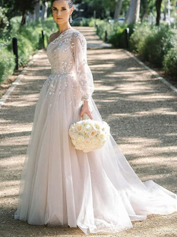 Unique Design One Shoulder A-line Wedding Dresses, Fashion Lace Wedding Dresses