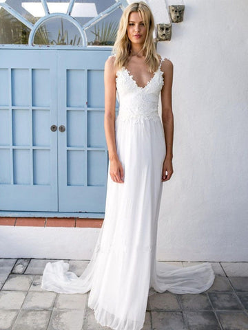 Spaghetti Straps Lace Simple Wedding Dresses, Open Back Fashion Wedding Dresses