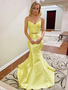Yellow Color Two Pieces Long Prom Dresses, Fashion Mermaid 2020 New Prom Dresses